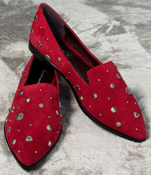 BCBGeneration Nikkola Red Suede Silver Studded Loafer Flats Womens Size 6 NEW